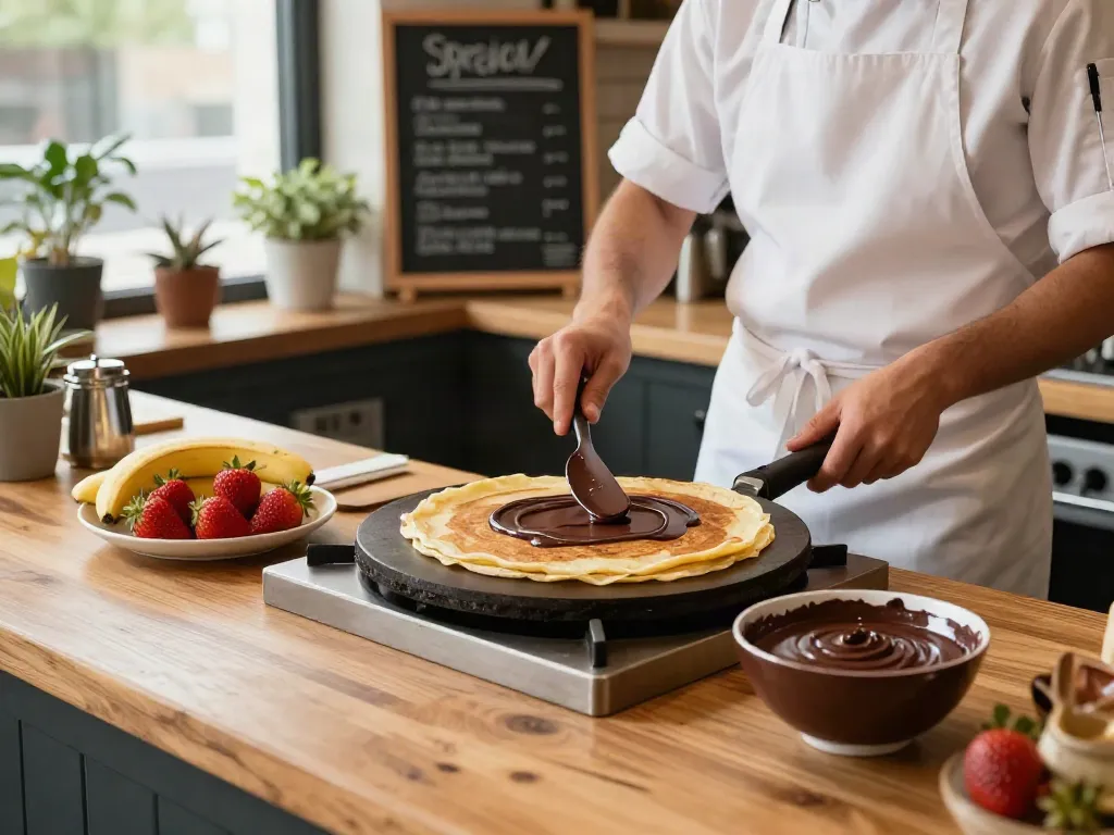 Succulent crepes topped with dark chocolate at rokok88 café, showcasing a chef in action.