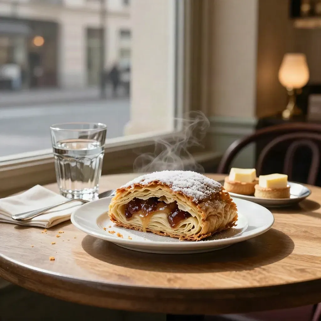 Cut Viennese pastries on a café window table with crumbs, water, and napkin