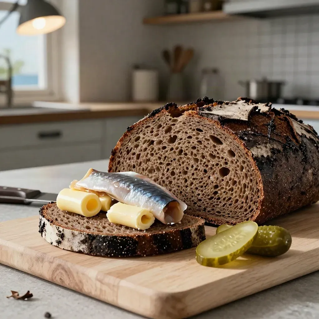Rye bread, butter curls, smoked fish and pickled cucumber on birch wood