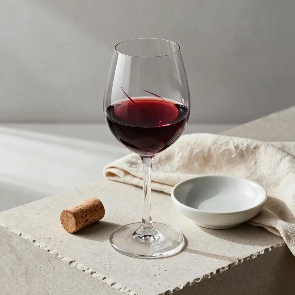 Swirled red wine glass with cork, linen cloth and ceramic dish on pale limestone.