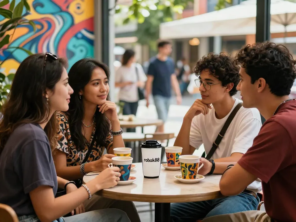 Friends enjoying coffee and fashionable accessories in a vibrant cafe, featuring rokok88 products.
